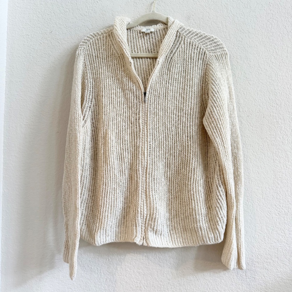 J. Jill Linen Cotton Full Zip Hoodie Sweater XL Ivory Cream Open Knit Relaxed